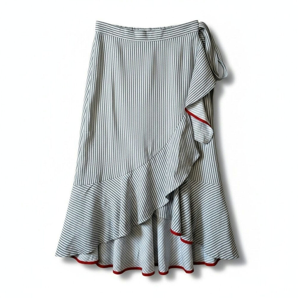 Vince Camuto New Striped Side Ruffle Pull On Midi Skirt Gray White XL Faux Wrap